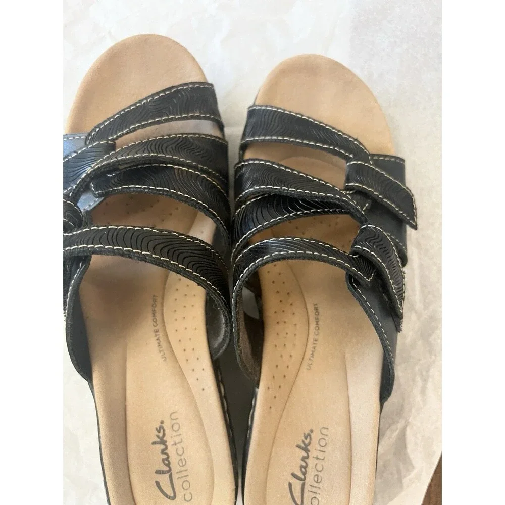 Clarks Merliah Karli Wedge Sandals – Women’s Black Leather, Size 8.5 Slip On